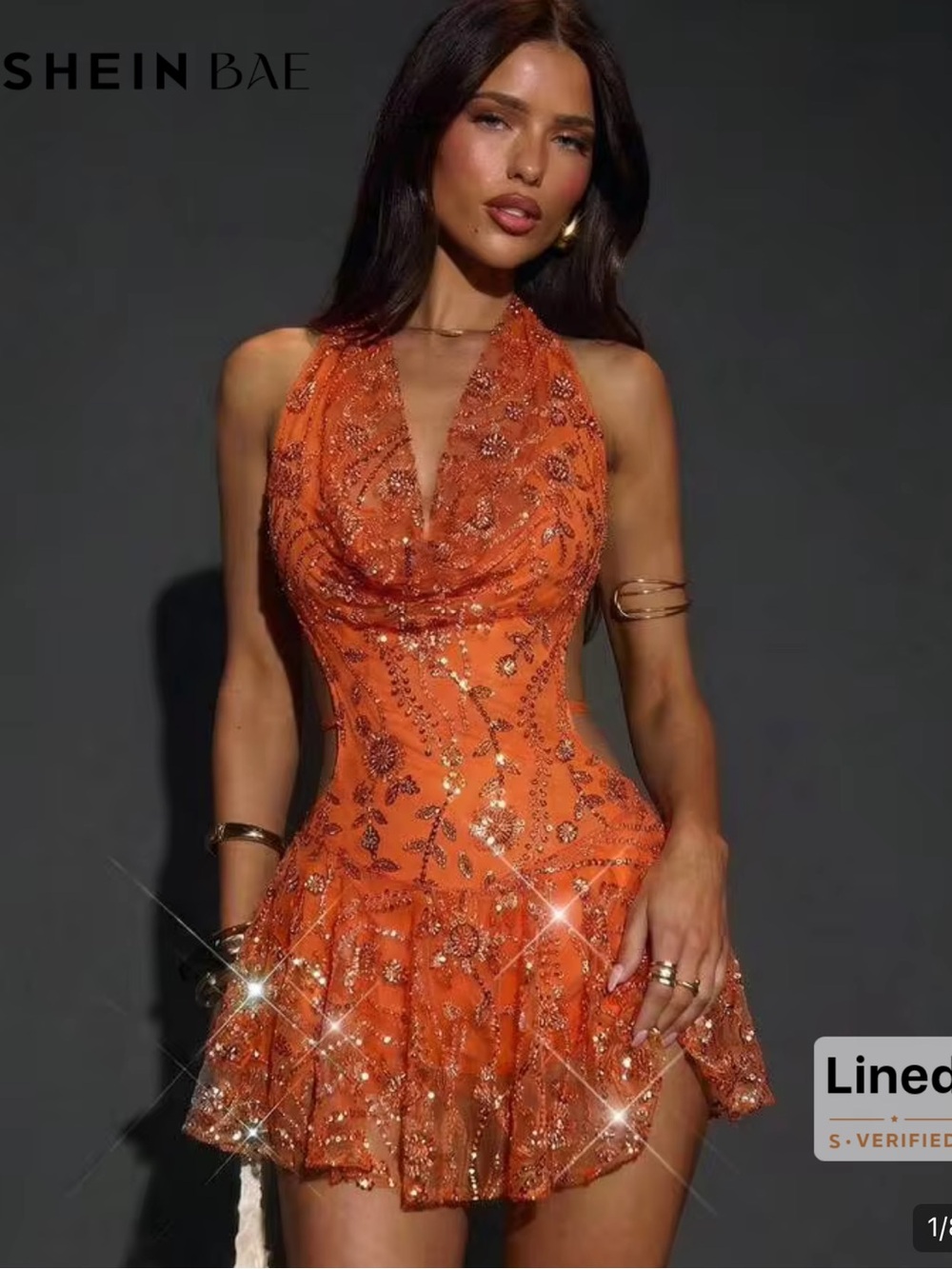 SHEIN Orange Halter Sequin Embellished Mini Dress